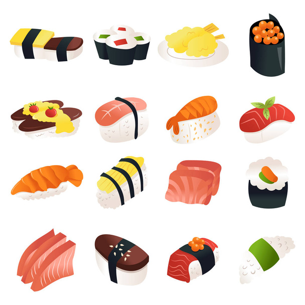 Juego de iconos de sushi sashimi de dibujos animados
 - Vector, Imagen