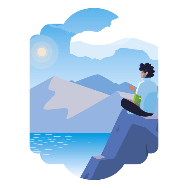 man contemplating horizon in lake and mountains scene - Vector, Image