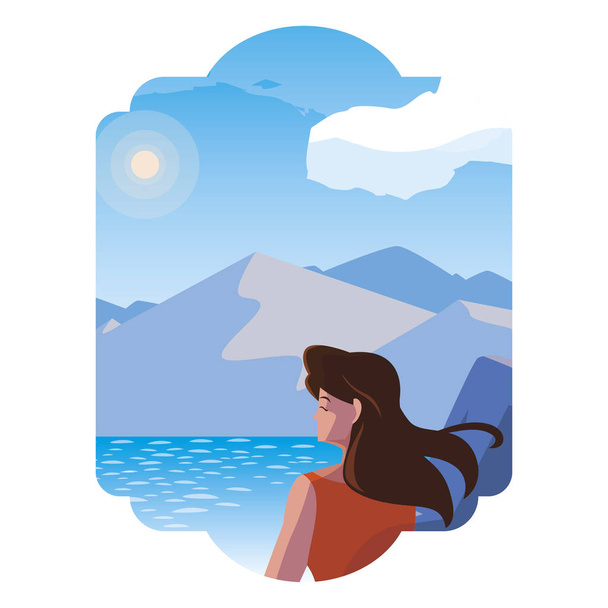 kobieta kontemplująca horyzont na scenie jeziora i gór - Wektor, obraz