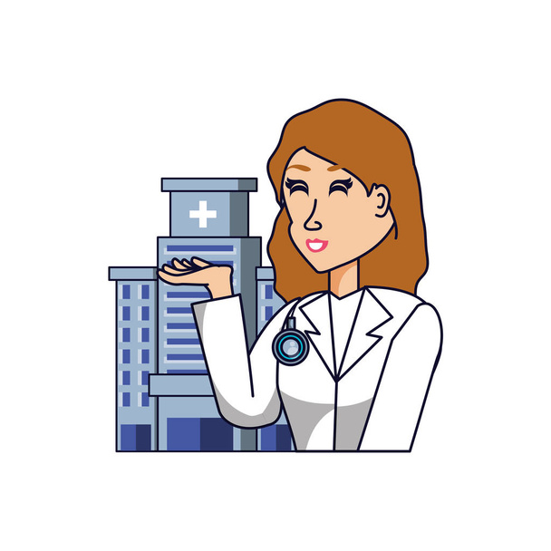 médico profesional femenino con fachada hospitalaria
 - Vector, Imagen