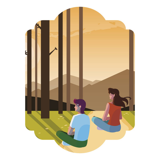 couple contemplating horizon in the forest scene - Vector, Image
