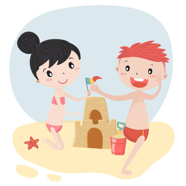 cute kids boy and girl build sandcastle in summer flat vector - Vector, Image