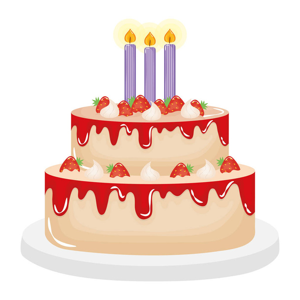 νόστιμο γλυκό κέικ με φράουλες και κεριά - Διάνυσμα, εικόνα