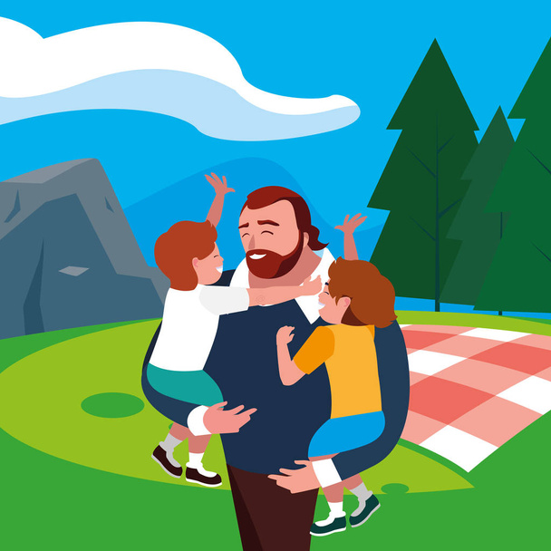 padre con personajes hijos en el día de picnic de campo
 - Vector, Imagen