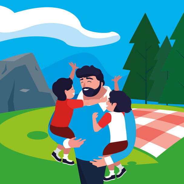 father with sons characters in the field picnic day - Vector, Image