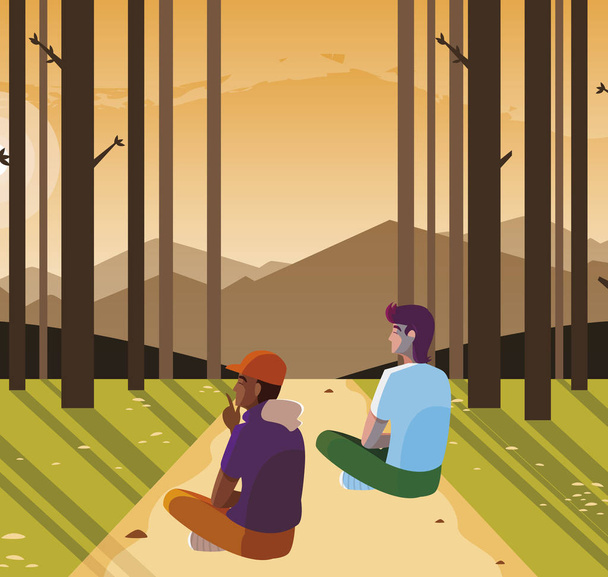 men couple contemplating horizon in the forest scene - Vector, Image