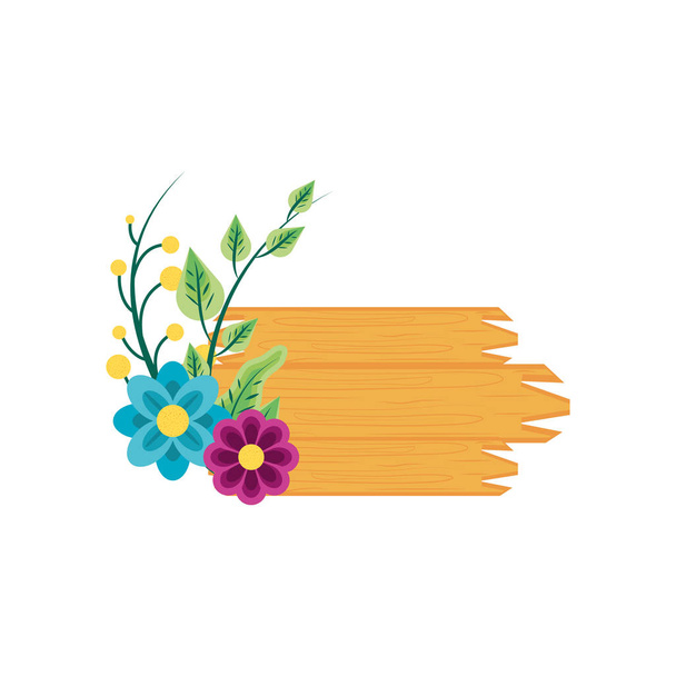 etiqueta de madeira com flores naturais e folhas
 - Vetor, Imagem