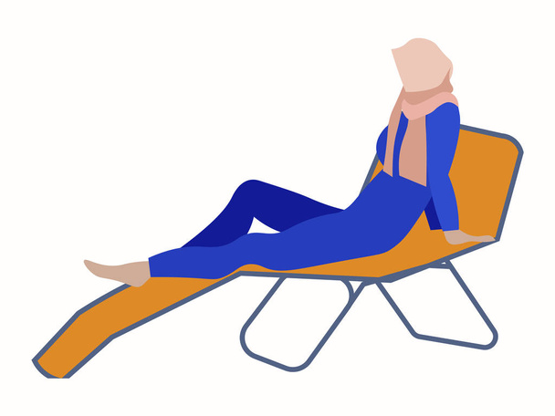 Moslim vrouw op een ligstoel. mode hijab badpak. In minimalistische stijl cartoon platte vector - Vector, afbeelding