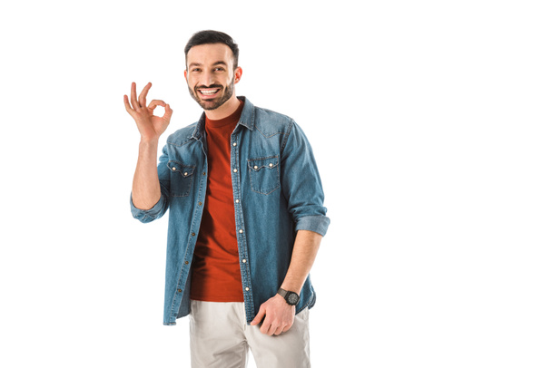 handsome cheerful man looking at camera and showing okay gesture isolated on white - Φωτογραφία, εικόνα