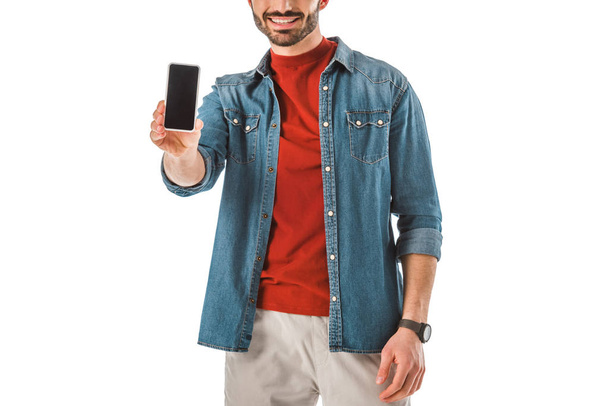 cropped view of adult man holding smartphone with blank screen isolated on white - Photo, Image