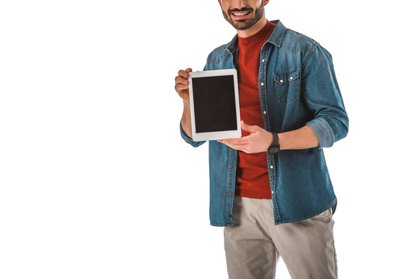 partial view of man in denim shirt holding digital tablet with blank screen isolated on white - Photo, Image