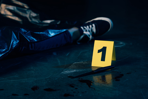 vista parziale del cadavere coperto vicino al marcatore delle prove sulla scena del crimine
 - Foto, immagini