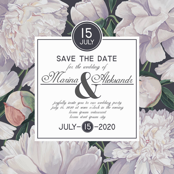 Save the Date card with blooming white peonies flowers and leaves. Vintage spring botanical design in realistic style. - Vector, Image