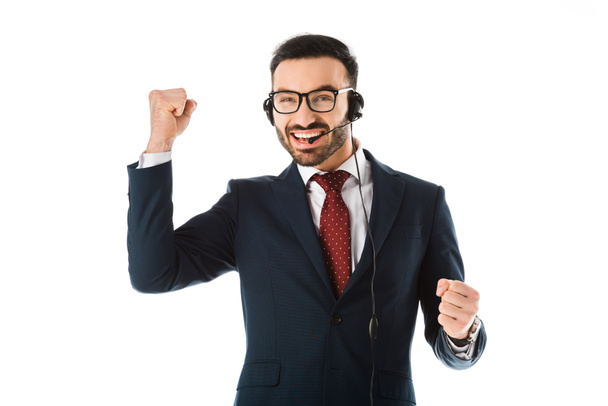 happy call center operator in headset showing yes gesture isolated on white - Φωτογραφία, εικόνα