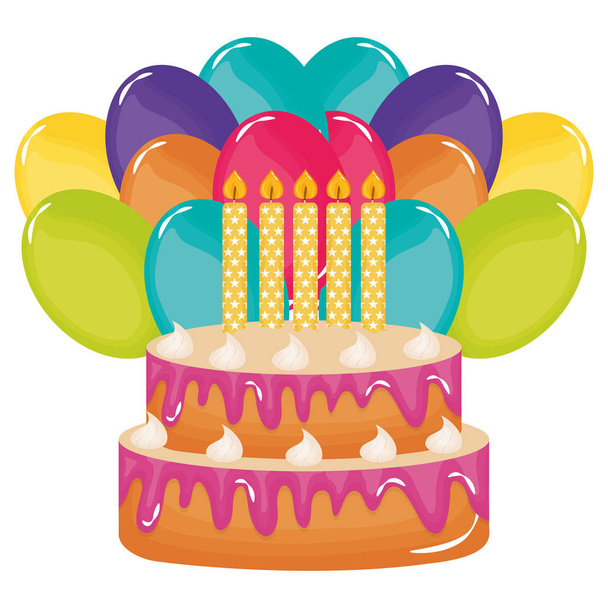 キャンドルと風船ヘリウムとおいしい甘いケーキ - ベクター画像