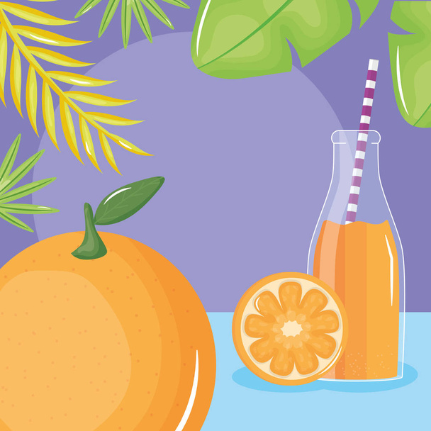 yaprakpalmiye saman ile botttle taze portakal suyu meyve - Vektör, Görsel