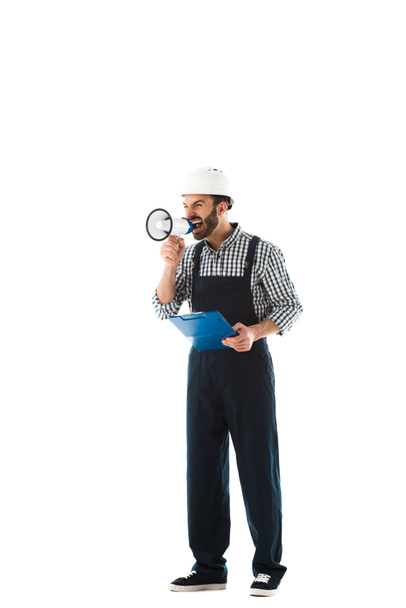 irritated foreman screaming in loudspeaker while holding clipboard isolated on white - 写真・画像