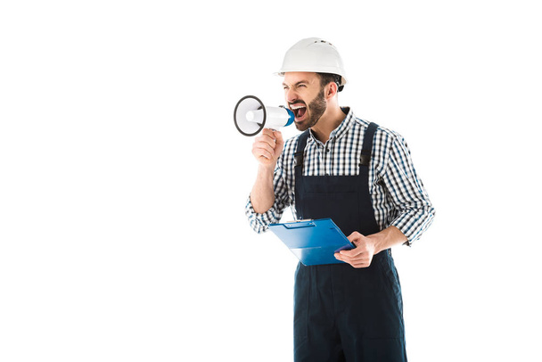 angry foreman screaming in megaphone while holding clipboard isolated on white - Fotoğraf, Görsel