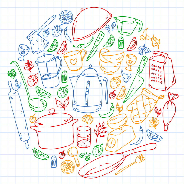 Cooking class. Menu. Kitchenware, utencils. Food and kitchen icons. - Vecteur, image