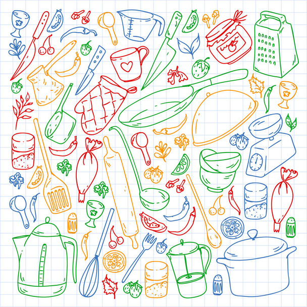 Cooking class. Menu. Kitchenware, utencils. Food and kitchen icons. - Vector, imagen