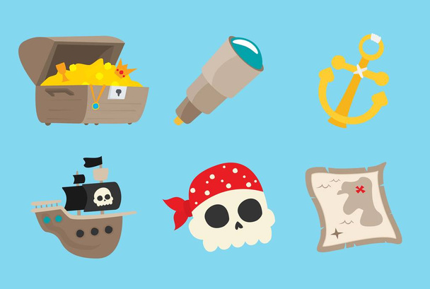 Pirate accessoires symboles plat icônes collection avec coffre au trésor en bois et joyeux roger illustration vectorielle abstraite
 - Vecteur, image