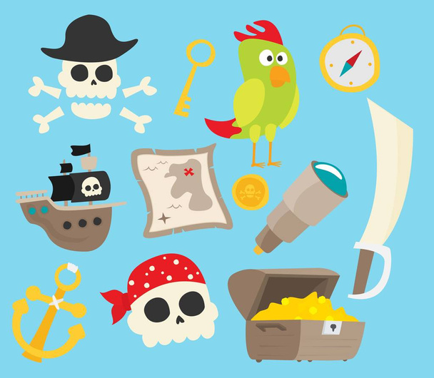 Pirate accessories symbols flat icons collection with wooden treasure chest and jolly roger abstract vector illustration - Vetor, Imagem
