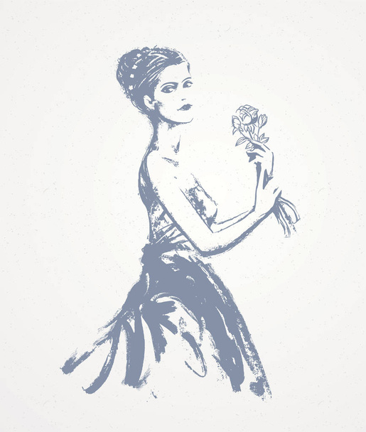 Девушка в вечернем платье с букетом цветов в руках, графическая векторная иллюстрация
.  - Вектор,изображение