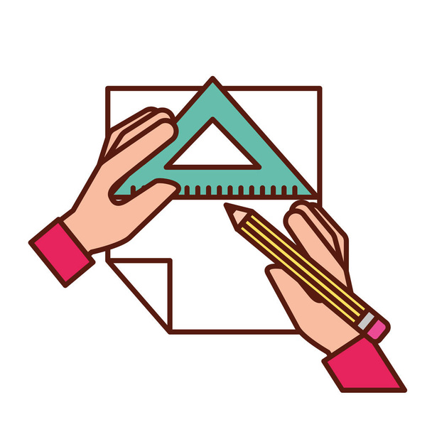 grafické návrháře ruce pravítko trojúhelník tužka a papír - Vektor, obrázek