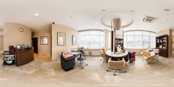MINSK, BELARUS - AUGUST, 2017: Full seamless spherical panorama 360 degrees angle view in interior stylish modern beauty saloon in hotel. 360 panorama in equirectangular projection  - 写真・画像
