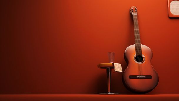 Guitarra Clássica 3D na parede interior isolado
 - Foto, Imagem