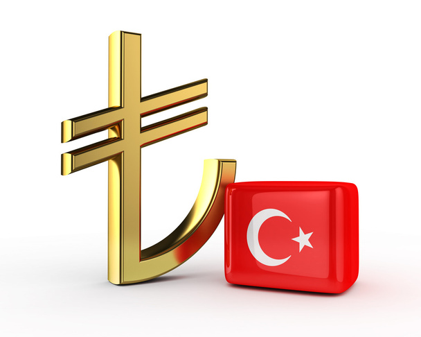 3D σύμβολο Tl χρυσό, με τουρκική σημαία (τουρκικές Λύρας) απομονώνεται - Φωτογραφία, εικόνα