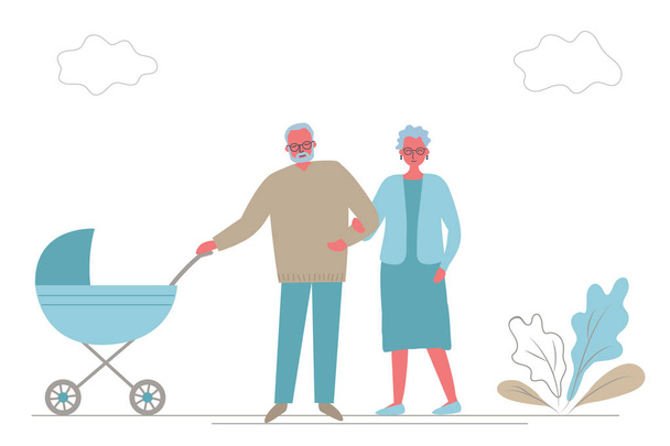 Grand-père et grand-mère avec bébé en poussette. Des grands-parents avec une voiture bleue en promenade. Il y a aussi des plantes et des nuages sur la photo. Style plat funky. Illustration vectorielle
. - Vecteur, image