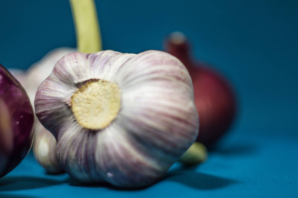 Healthy vegetables on blue background. Fresh garlic (allium, Bulbus Allii Sativ) is a real storehouse of nutrients and trace elements. Red sweet onions (solaninum) - natural antioxidant. Vegetables have a beautiful look and an attractive color. - Photo, Image