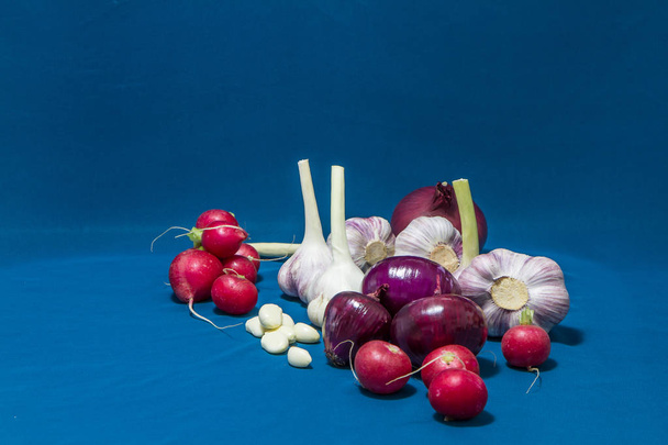 Healthy vegetables on blue background. Radish. Fresh garlic (allium, Bulbus Allii Sativ) is a real storehouse of nutrients and trace elements. Red sweet onions (solaninum) - natural antioxidant. Vegetables have a beautiful look and an attractive colo - Photo, Image