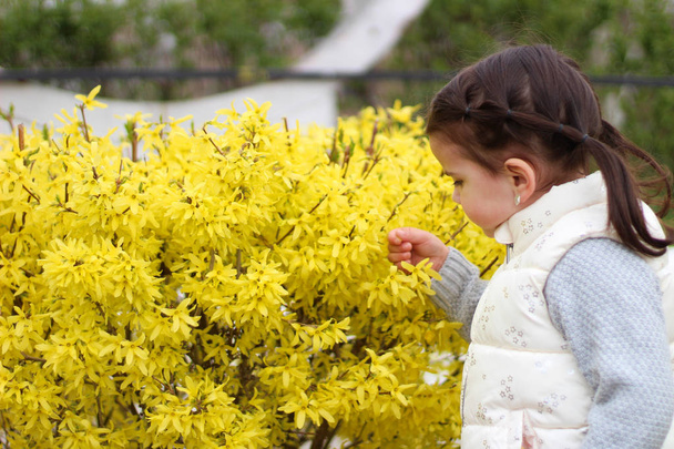 Empörtes kleines Mädchen mit Pferdeschwanz zeigt ihre Hand an einem Strauch mit gelben Blumen - Foto, Bild