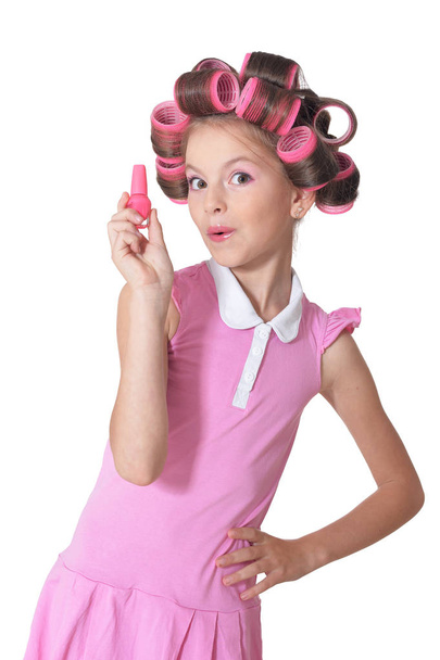 Little pretty girl   in hair curlers  - Valokuva, kuva