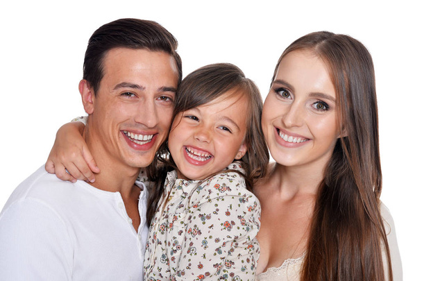 Šťastná rodina ze tří na bílém pozadí - Fotografie, Obrázek