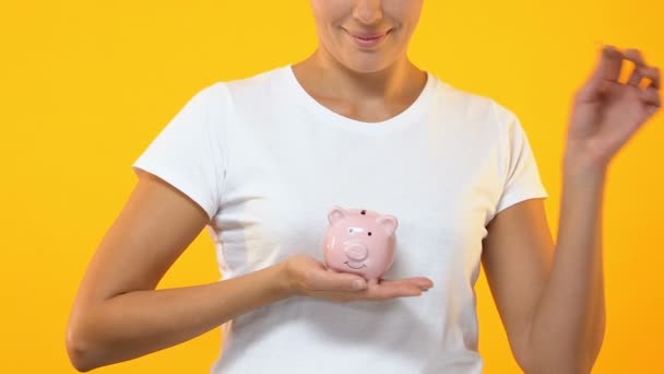 Smiling woman putting coin in piggy bank, budget, savings for future investment - Materiał filmowy, wideo