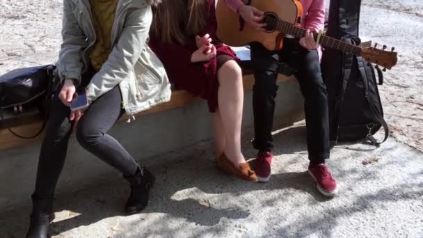 何人かの女の子とギターを弾く男がベンチに座って歌を歌います。新鮮な空気の中の若者 - 映像、動画