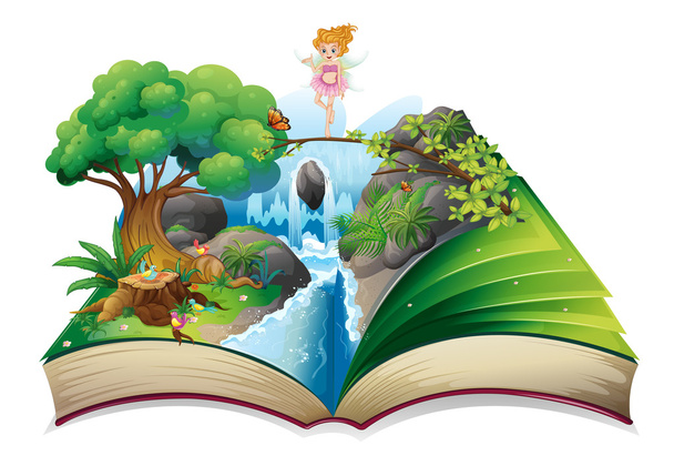 een open boek met een afbeelding van een sprookjesland - Vector, afbeelding