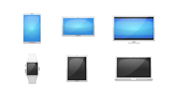 スマートフォン、テーブルPC、ラップトップ、時計、ビジネス用の時計や画面を含む、複数のデバイスの技術アイコンとシンボルのパックの複数のデバイス技術アイコンセット/4kアニメーション - 映像、動画