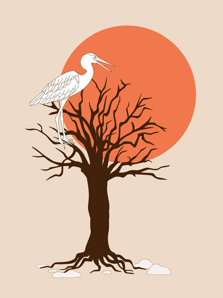 Dark brown silhouette tree with heron at sunset - Vector, Image