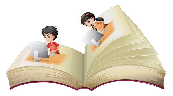ένα ανοιχτό βιβλίο με ένα κορίτσι και ένα αγόρι με υπολογιστές - Διάνυσμα, εικόνα