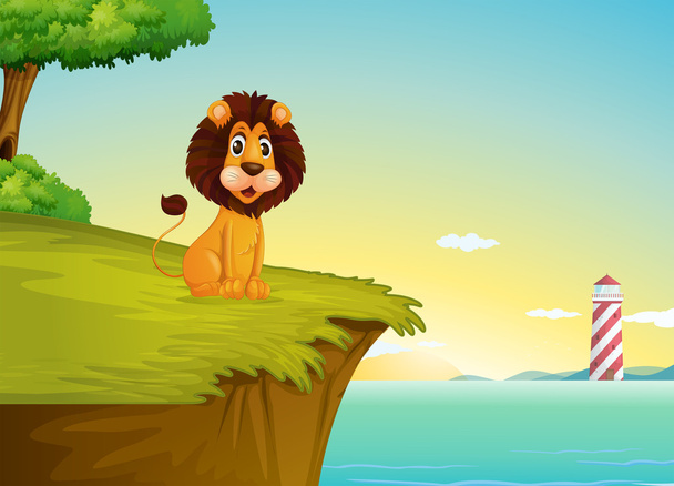 Un león sentado en el acantilado con vistas a la torre
 - Vector, imagen