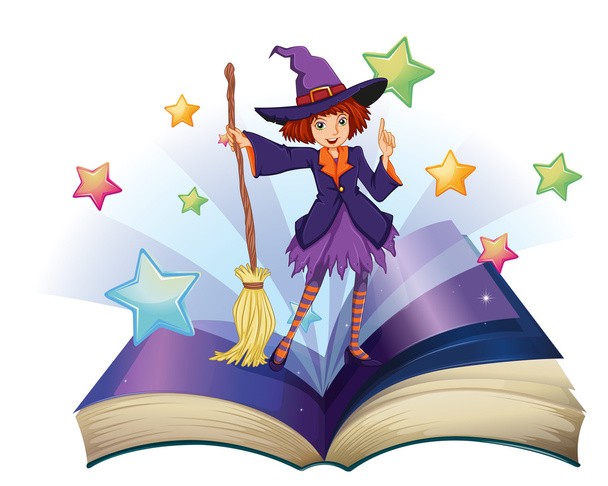 An open book with an image of a witch holding a broom - Vector, Image