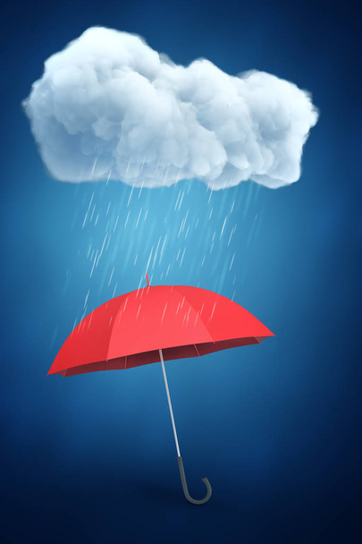 3d rendering of red umbrella under rainy white cloud on blue background - Photo, Image