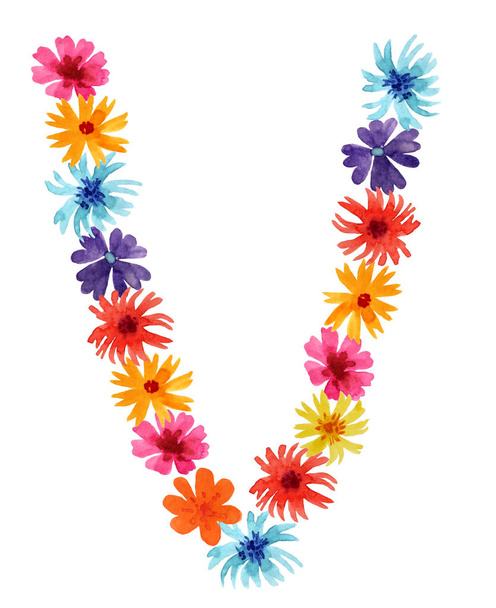 Watercolor letter V of a wildflowers. best monogram for design - Foto, Imagen