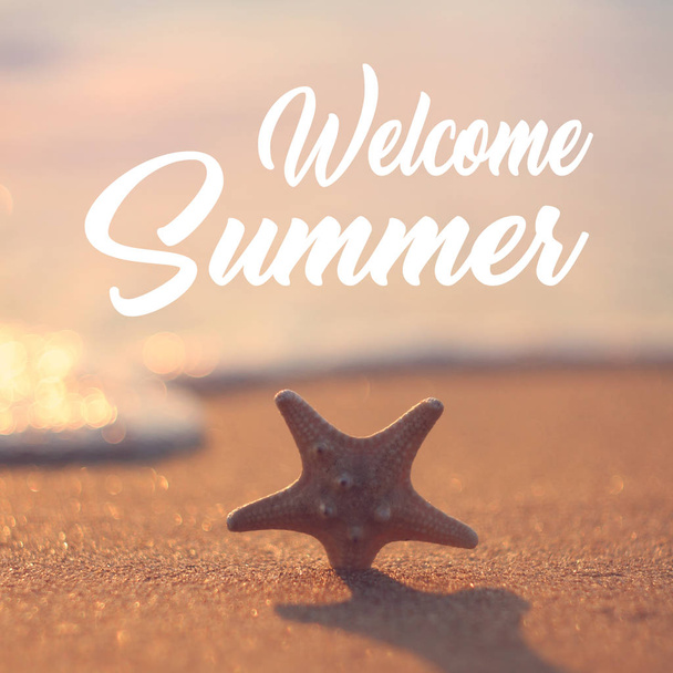 Welcome summer square card. Starfish on the beach in a sunlight - Foto, Imagen