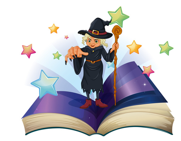 een open boek met een afbeelding van een enge heks houden een stok - Vector, afbeelding