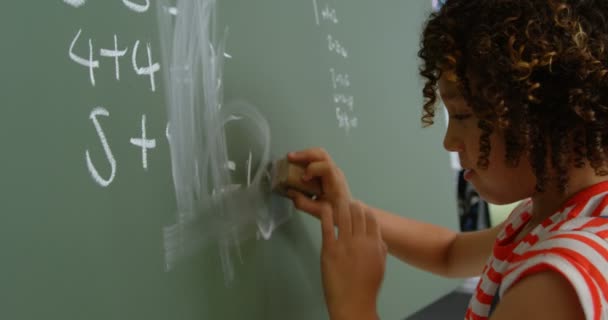 Side view of mixed-race schoolgirl cleaning green chalkboard in classroom at school. She is using duster  - Video